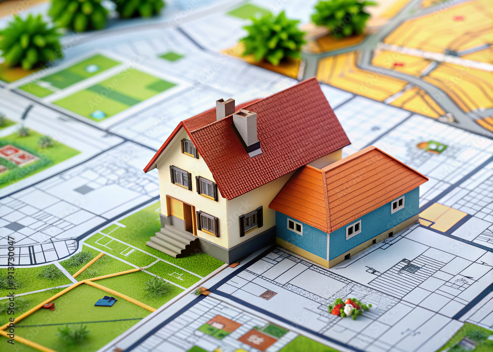 © Adisorn - Detailed cadastral map displays buildings, available land parcels, and a miniature house model, highlighting construction opportunities and permit requirements for new homeowners.