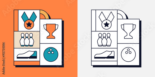 Bowling Shoe Skittles Ball Sport Game Competition Trophy Medal Geometric Line Art Illustration