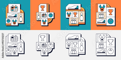 Set of Bowling Shoe Skittles Ball Game Competition Trophy Medal Geometric Line Art Illustration