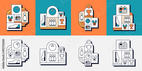 Set of Bowling Shoe Skittles Ball Game Competition Trophy Medal Geometric Line Art Illustration