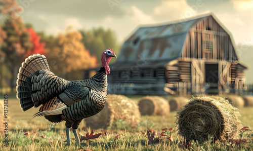 A wild turkey stands proudly in a field of golden hay bales and autumn leaves, a weathered barn in the background.