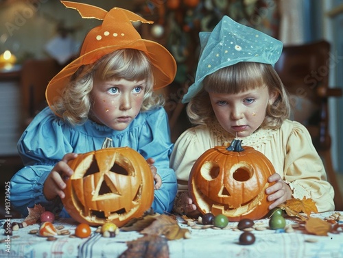 Siblings in matching costumes carving pumpkins, candyfilled table, autumn fun photo