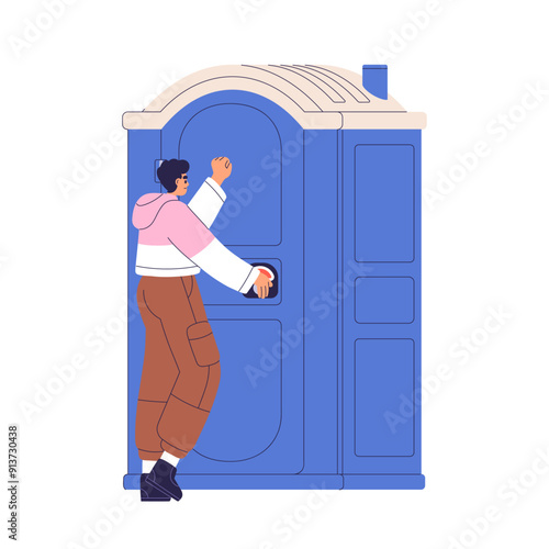 Public portable toilet. Angry man waiting, checking locked door, knocking on occupied cabin, outdoor bio mobile WC, chemical potty restroom. Flat vector illustration isolated on white background
