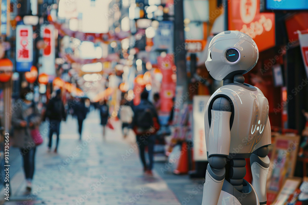 Robot or cyborg on a city street. Technologies in everyday life. Robot or cyborg on a city street. Technologies in everyday life.