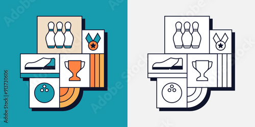 Bowling Shoe Skittles Ball Sport Game Competition Trophy Medal Geometric Line Art Illustration