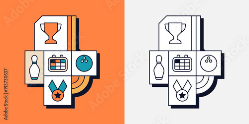 Bowling Shoe Skittles Ball Sport Game Competition Trophy Medal Geometric Line Art Illustration