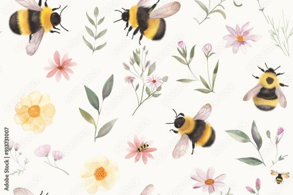 Fototapeta premium Seamless watercolor pattern featuring wildflowers and bees in a natural meadow setting