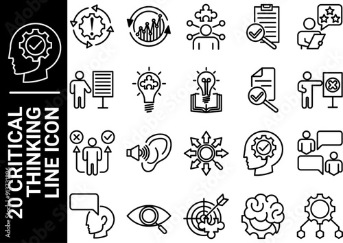 20 critical thinking line icon, black and white