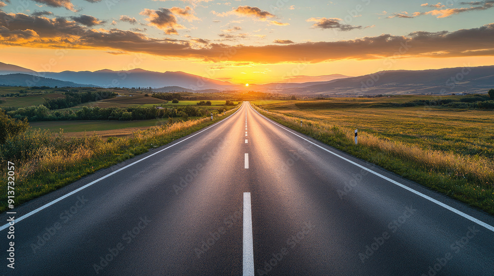 Fototapeta premium A scenic road stretches into the horizon at sunset, bordered by lush green fields and distant mountains under a vibrant sky.