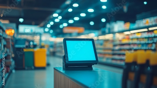 Wallpaper Mural Digital screen at supermarket checkout counter with blurred shelf aisle background Torontodigital.ca
