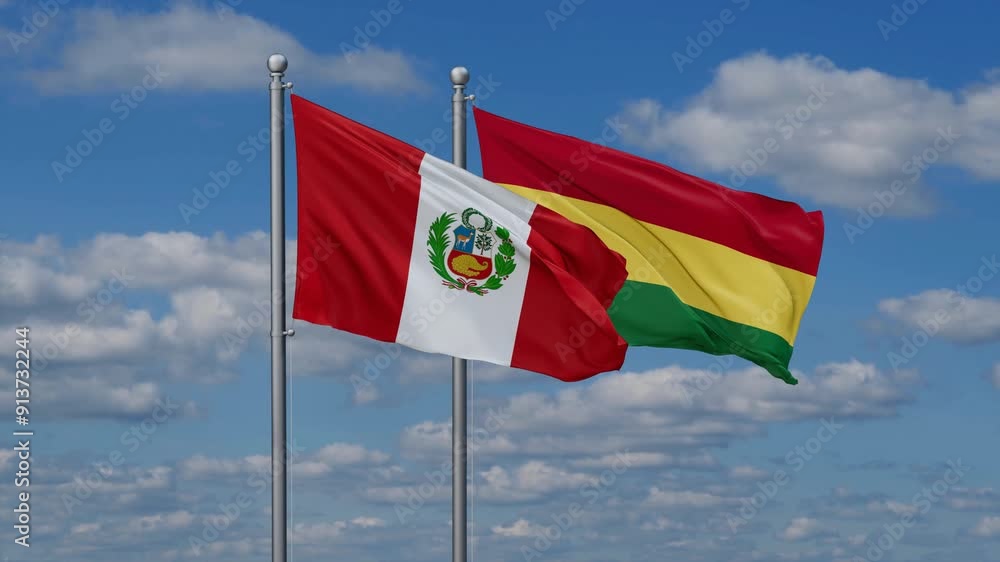 Bolivia and Peru flags flying together, video concept of the relationship, two country relations concept Bolivia and Peru flags flying together, video concept of the relationship, two country relations concept