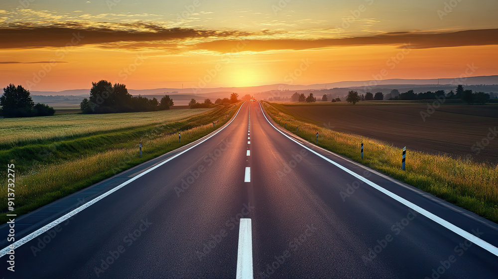 A serene sunset over an empty countryside road, surrounded by fields and trees, with a beautiful orange and pink skyline. A serene sunset over an empty countryside road, surrounded by fields and trees, with a beautiful orange and pink skyline.