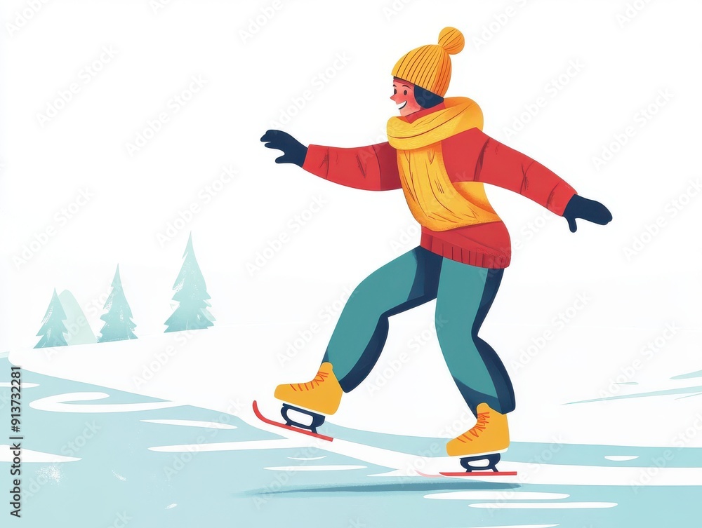 Obraz premium Illustration of a cartoon character ice skating on a frozen pond, colorful and clean lines, 2D style, white background, ample space for text