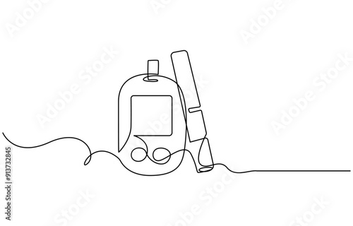Continuous one line drawing of diabetes equipment's. Medical health care concept. Minimalistic art. Continuous one line drawing of diabetes measuring blood sugar before meal. Diabetic health concept