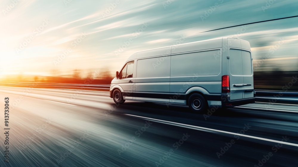speeding white delivery van on highway at sunset, symbolizing fast and reliable logistics and transportation speeding white delivery van on highway at sunset, symbolizing fast and reliable logistics and transportation