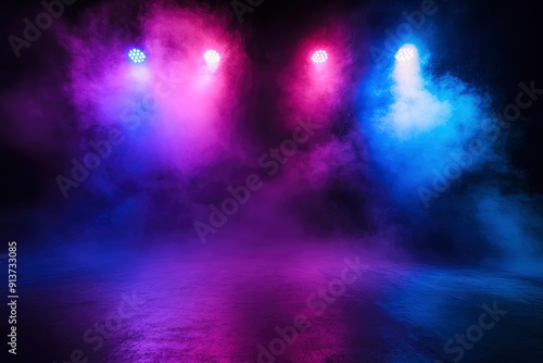 Dark scene colorful lights concert stage blue and purple background, fog in darkness, smoke mist, neon spotlights, night view, Abstract Halloween backdrop,with generative ai