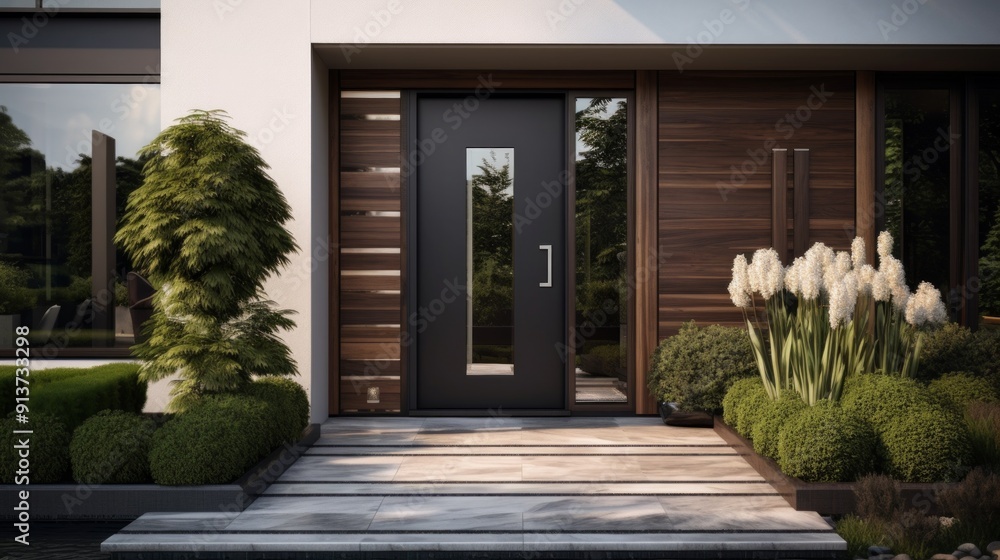 Luxury exterior side of building with entrance door and green plants. Neural network ai generated art Luxury exterior side of building with entrance door and green plants. Neural network ai generated art