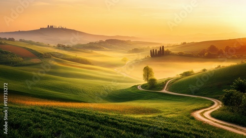 breathtaking sunrise over misty rolling hills and winding road in the countryside