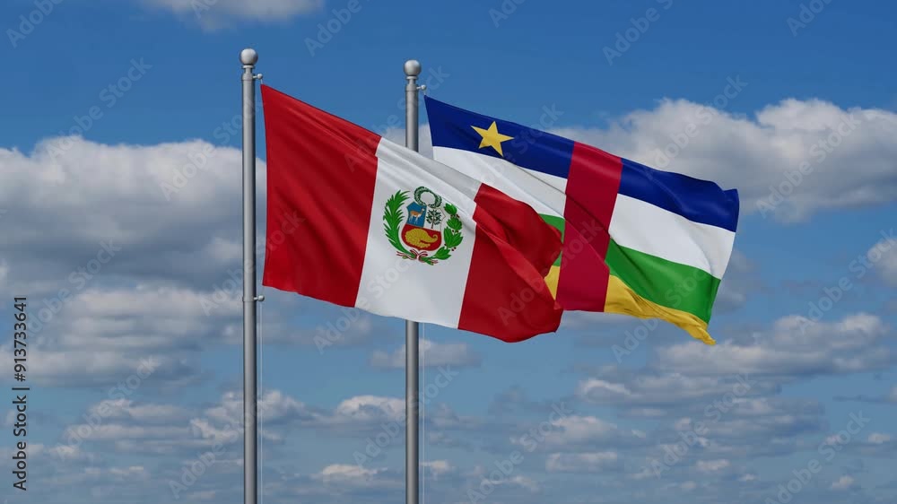 Central African Republic and Peru flags flying together, video concept of the relationship, two country relations concept Central African Republic and Peru flags flying together, video concept of the relationship, two country relations concept