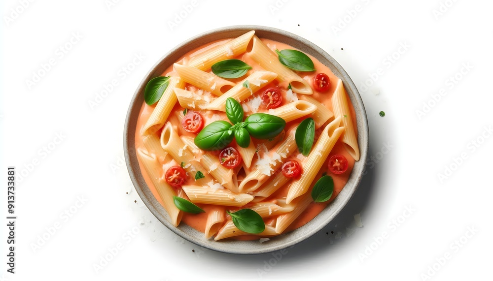 Penne alla Vodka pasta in a pink tomato cream sauce isolated on white background Penne alla Vodka pasta in a pink tomato cream sauce isolated on white background