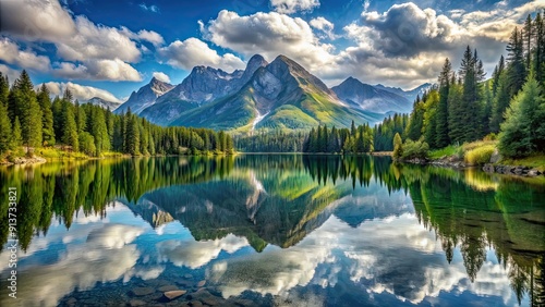 Mountain Serenity Reflective Lake Vista, mountains, lake, reflection, serene, peaceful, tranquil, nature, landscape, water, trees