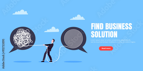 Unravel business chaos process with tangle difficult problem mess business concept flat style design vector illustration. Chaos to order, complex to simple metaphor with person trying solve mess cable