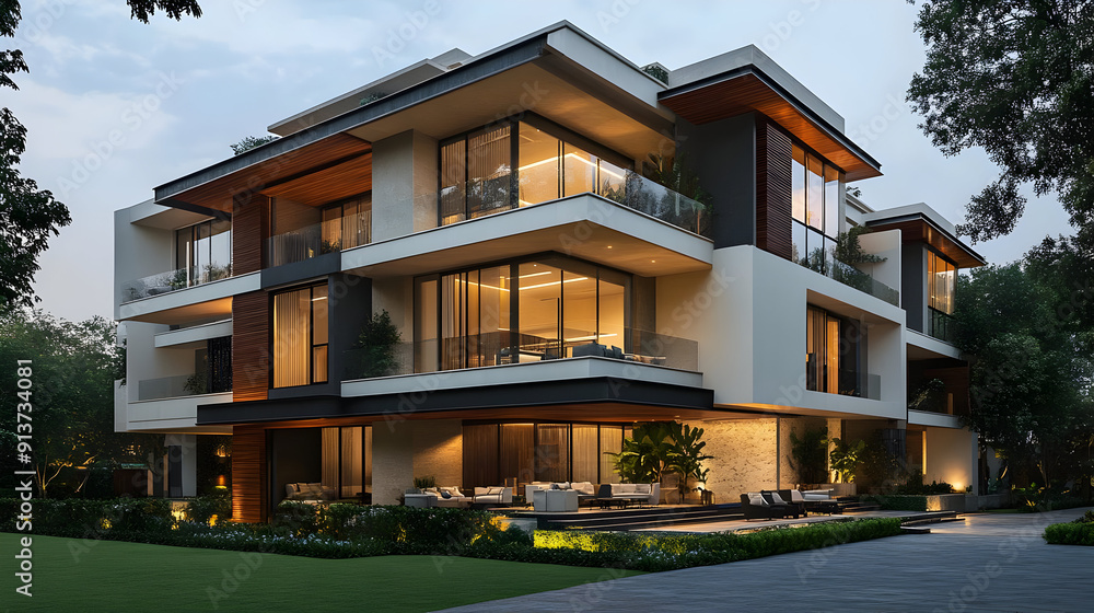 Modern home with exterior lighting. Modern home with exterior lighting.