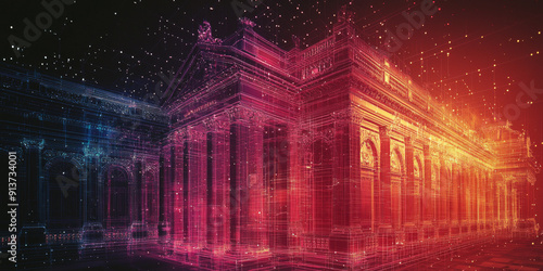 Holographic projection of a classical building in a futuristic digital space, with a vibrant blue and black background, embodying a concept of innovation