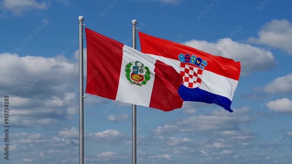 Croatia and Peru flags flying together, video concept of the relationship, two country cooperation concept Croatia and Peru flags flying together, video concept of the relationship, two country cooperation concept