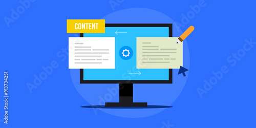 Content rewrite software, text writing automation concept vector illustration, e-business solution.