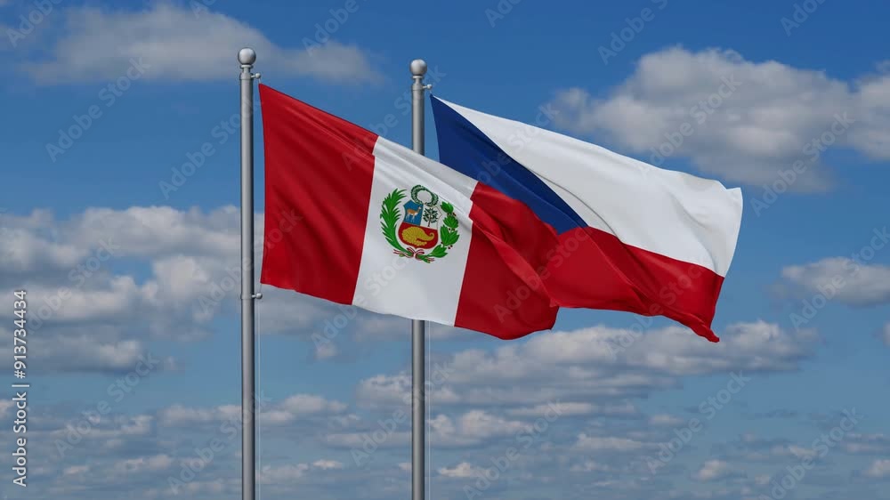 Czech Republic and Peru flags flying together, video concept of the relationship, two country relations concept Czech Republic and Peru flags flying together, video concept of the relationship, two country relations concept