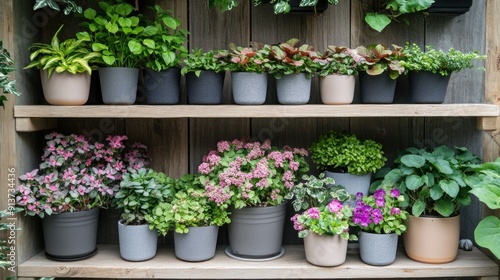 Assortment of potted plants on wooden shelves