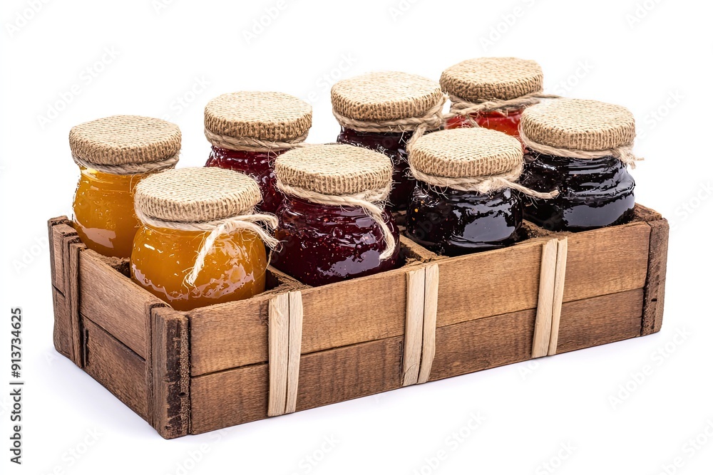 Wooden box with artisanal jams isolated on white background Wooden box with artisanal jams isolated on white background