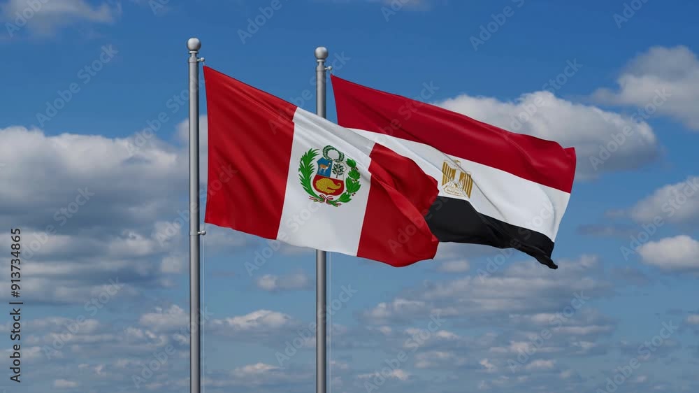 Egypt and Peru flags flying together, video concept of the relationship, two country relations concept Egypt and Peru flags flying together, video concept of the relationship, two country relations concept