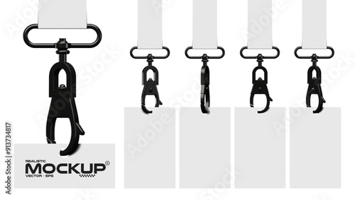 Badge mockup with a lobster clasp. Black metallic clasp with a white lanyard, empty ID cards hanging on ribbons. Isolated realistic set 3D vector template	
