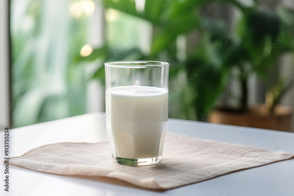 A refreshing glass of milk on a table with a serene green background. A refreshing glass of milk on a table with a serene green background.