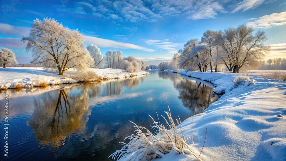Snowy winter landscape along a tranquil river bank, winter, scenery, cold, tranquil, river, snow, landscape, trees, frost Snowy winter landscape along a tranquil river bank, winter, scenery, cold, tranquil, river, snow, landscape, trees, frost