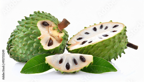 Green soursop exotic fruit isolated on white background, whole and half. Summer tropical vibe photo