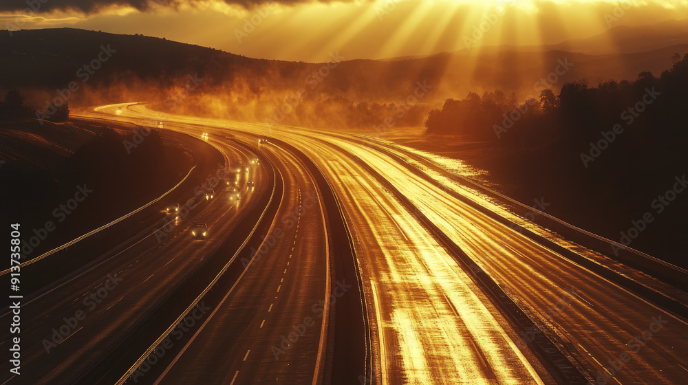 Sunset on a busy highway with golden sunlight reflecting off the asphalt, creating a serene and picturesque travel scene.