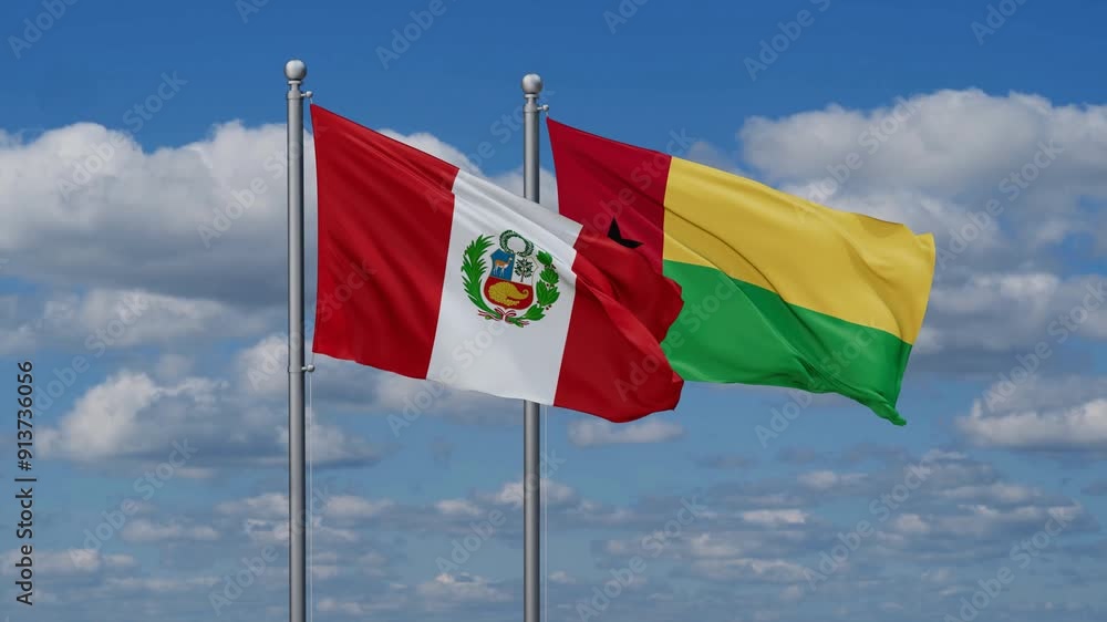 Guinea-Bissau and Peru flags flying together, video concept of the relationship, two country relations concept Guinea-Bissau and Peru flags flying together, video concept of the relationship, two country relations concept
