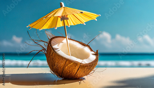 Wallpaper Mural Coconut with yellow umbrella on sand beach, summer vibes, tropical paradise. Summer holiday, nut Torontodigital.ca