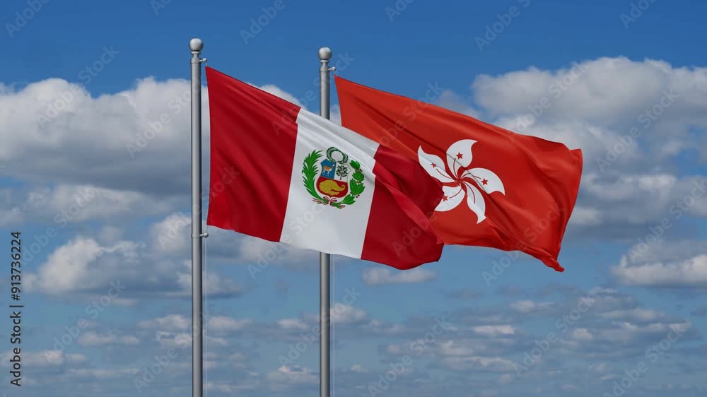 Hong Kong and Peru flags flying together, video concept of the relationship, two country relations concept Hong Kong and Peru flags flying together, video concept of the relationship, two country relations concept