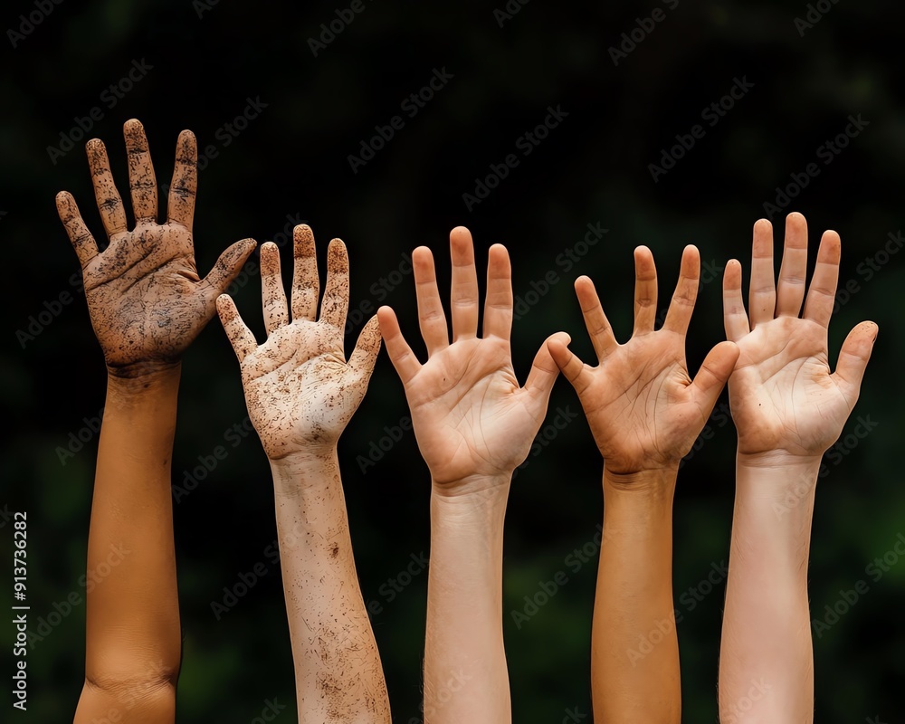 Diverse group with hands up in celebration, community victory, shared achievement Diverse group with hands up in celebration, community victory, shared achievement