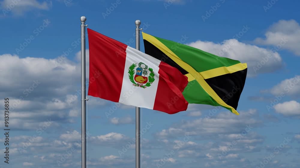 Jamaica and Peru flags flying together, video concept of the relationship, two country cooperation concept Jamaica and Peru flags flying together, video concept of the relationship, two country cooperation concept