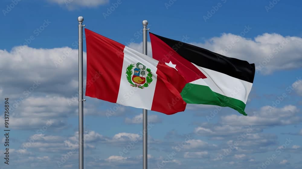 Jordan and Peru flags flying together, video concept of the relationship, two country relations concept Jordan and Peru flags flying together, video concept of the relationship, two country relations concept