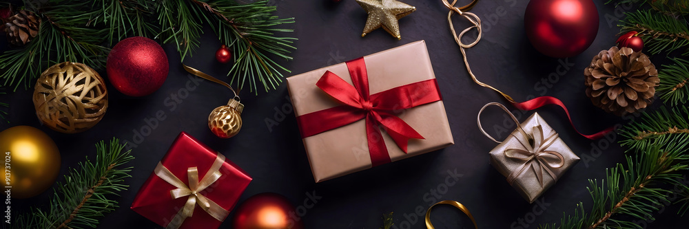 Christmas gift boxes, tree, balls, cones, fir tree branches on black background, festive, magic new year background, garland lights bokeh, winter holidays banner, greeting postcard with copy space. Christmas gift boxes, tree, balls, cones, fir tree branches on black background, festive, magic new year background, garland lights bokeh, winter holidays banner, greeting postcard with copy space.