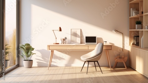 Modern home office with wooden desk and office chair 