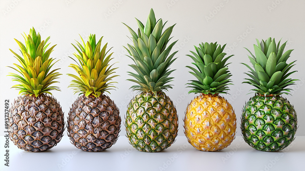 Series of pineapples arranged in a horizontal way Series of pineapples arranged in a horizontal way