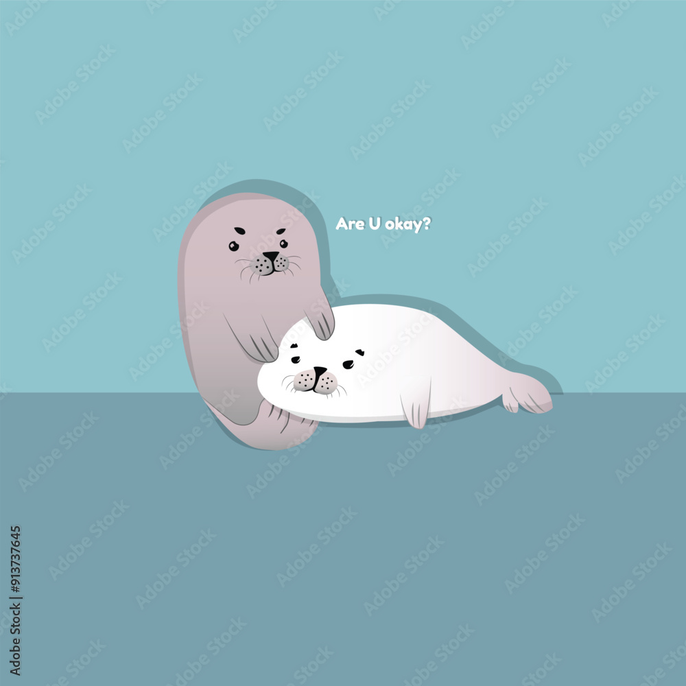 Cute couple seal illustration on blue background Cute couple seal illustration on blue background