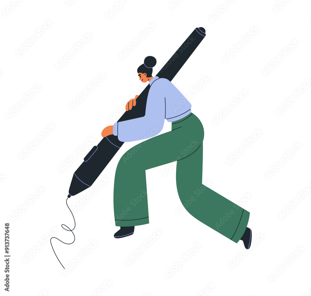 Obraz premium Designer holding stylus, sketching and drawing. Creative tiny woman, digital artist with huge electronic pen, designing. Professional illustrator. Flat vector illustration isolated on white background